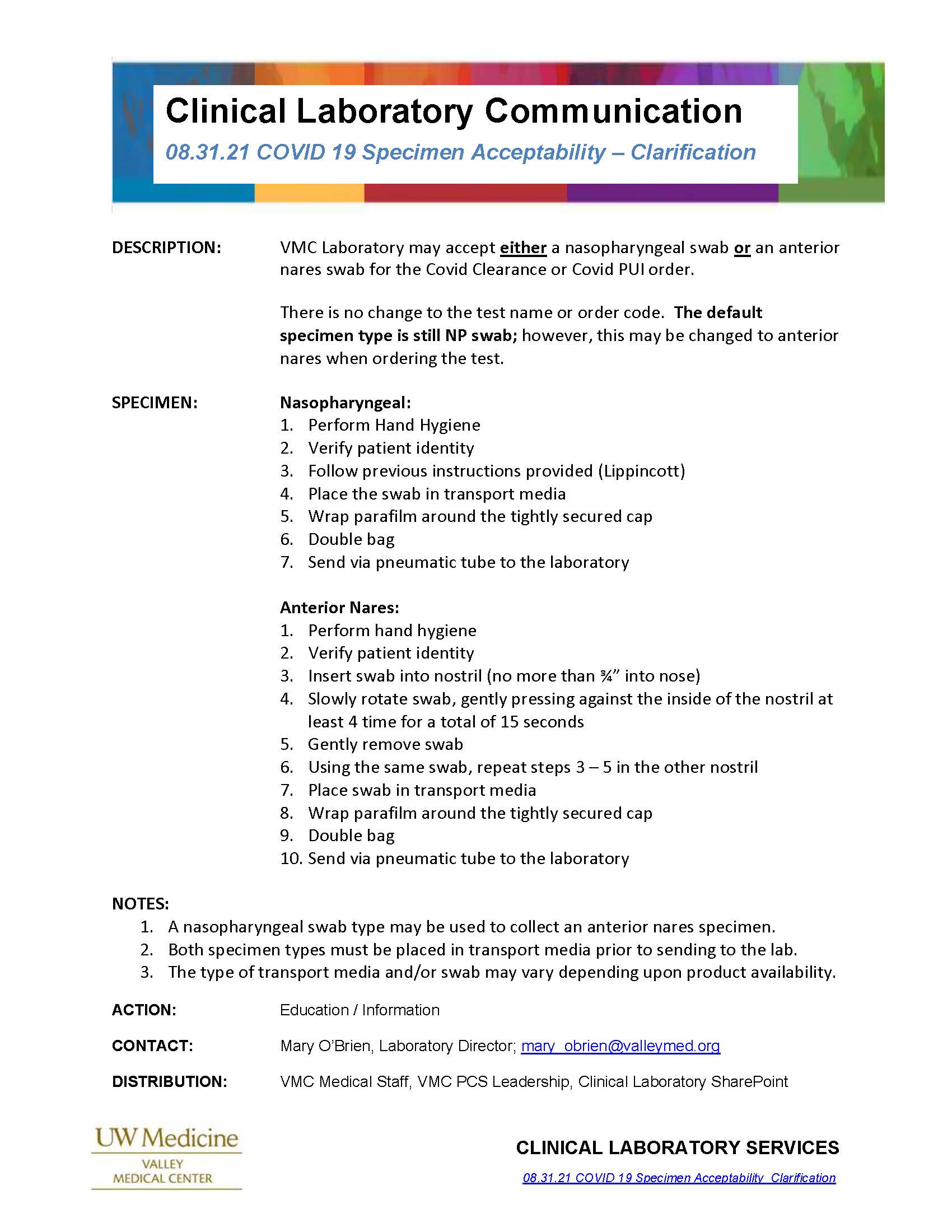 Valley Medical Center COVID19 Specimen Acceptability